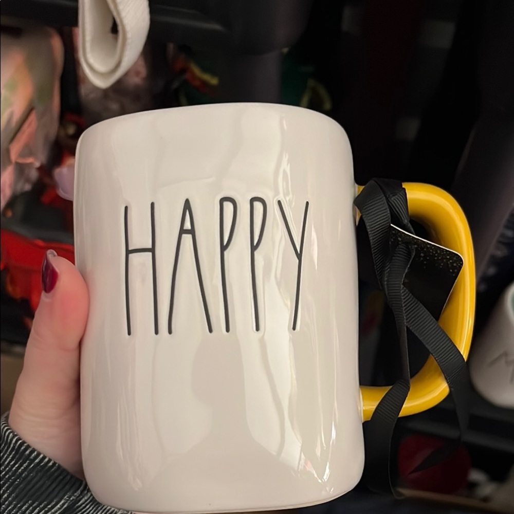 Rae Dunn Happy Mug with Yellow Handle